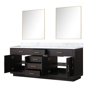 English Elm Black Oak Double Bath Vanity Set With Carrara Marble Top & Frameless Mirrors For Modern Bathrooms B2731S02143