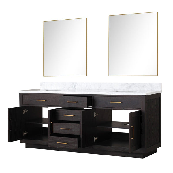English Elm Black Oak Double Bath Vanity Set With Carrara Marble Top & Frameless Mirrors For Modern Bathrooms B2731S02143