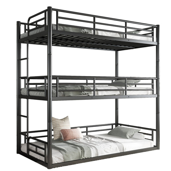English Elm Twin Triple Metal Bunk Bed Matte Powder Coated Frame with Full Safety Guardrails Black W1580S00578
