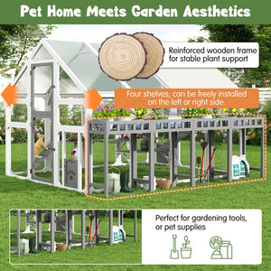 English Elm Large Walk-in Pine Wood Catio Enclosure with Platforms Resting Boxes and Planter Grey,White N704G201619K