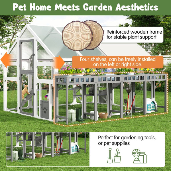 English Elm Large Walk-in Pine Wood Catio Enclosure with Platforms Resting Boxes and Planter Grey,White N704G201619K