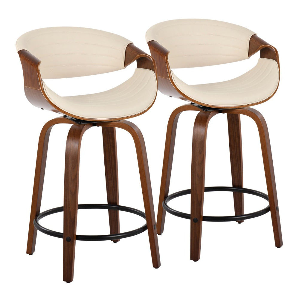 English Elm Symphony 24" Mid-Century Modern Swivel Counter Stool Set In Cream Faux Leather & Walnut Wood Legs B202S00089-GIGA