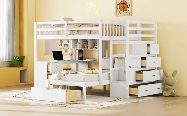 English Elm Full Over Twin Bunk Bed with Staircase Drawers Desk and Shelves in Gray White LT001605AAK-2
