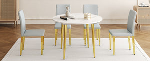 English Elm Table and Chair Set Extendable Round Mdf Top Gold Legs Four Pu Dining Seats Light Gray,White+Gold W1151S04831