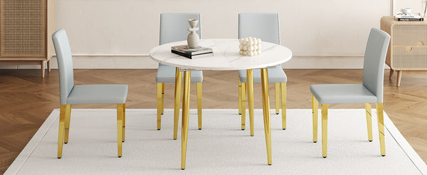 English Elm Table and Chair Set Extendable Round Mdf Top Gold Legs Four Pu Dining Seats Light Gray,White+Gold W1151S04831