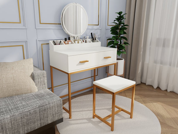 English Elm Vanity Chic Ancient White Makeup Table with Mirror & Stool, Gold Accents, Compact Storage for Small Spaces W2139P306366