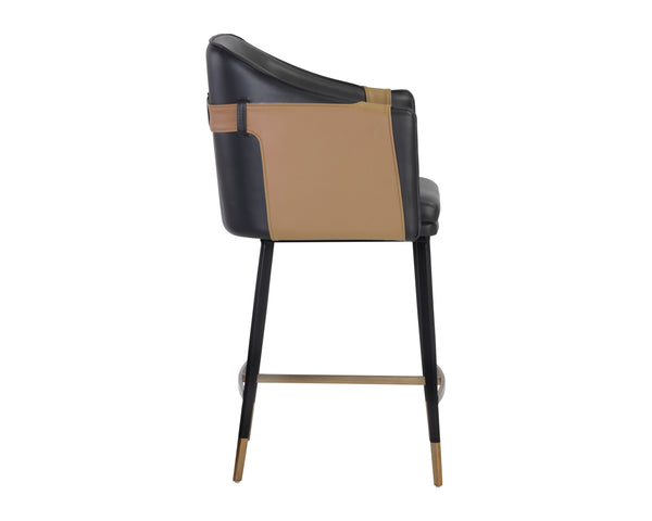 Sunpan Carter Barrel Back Barstool in Faux Leather with Black Steel Legs and Copper Foot Caps for Elegance Napa Black / Napa Cognac