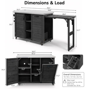English Elm K&k Outdoor Rolling Kitchen Island Fir Wood Stainless Steel Top with Foldable Prep Station Black N707P370276B