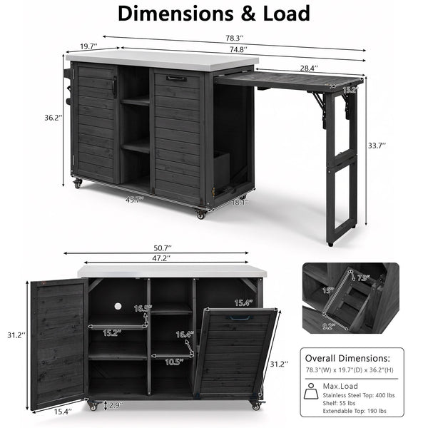 English Elm K&k Outdoor Rolling Kitchen Island Fir Wood Stainless Steel Top with Foldable Prep Station Black N707P370276B