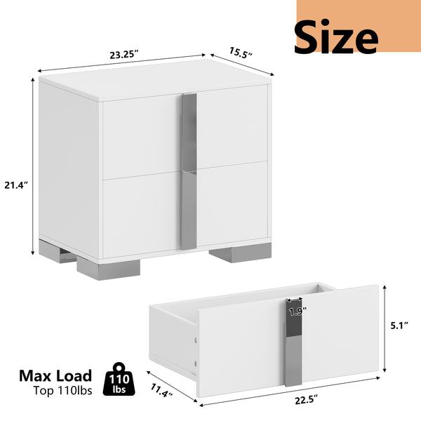 English Elm Modern Two Drawer Nightstand with Slim Metal Legs and Mirrored Bar Handles for Bedroom White W5271P416538