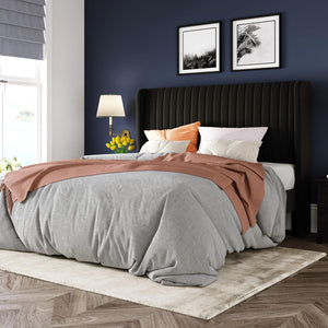 English Elm Full Size Black Fabric Upholstered Platform Bed Tall Headboard No Box Spring Required W5239P451636