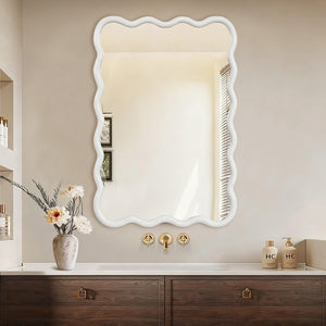 English Elm White 24"x36" Wavy Rectangle Solid Wood Frame Mirror - Elegant Bohemian Design, Tempered Glass Clarity W2203P389034