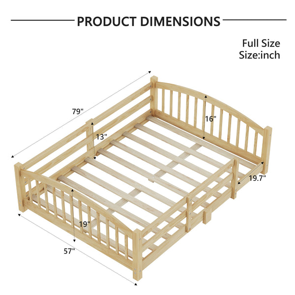 English Elm Full Montessori Pine Wood Floor Bed with Safety Rails Low Profile Kids Room Frame Natural N733P400299N