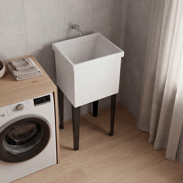 English Elm Bari Freestanding Plastic Utility Sink with Cabinet Storage for Laundry or Garage B200S00467