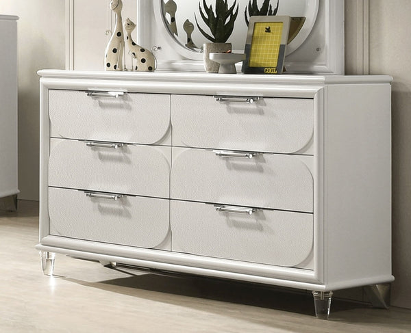 English Elm Contemporary Glam Acrylic-Handled 6-Drawer Dresser with Embossed Panels, Felt-Lined Jewelry Drawer White 57 L x 20 W x 35 H B2741P353128