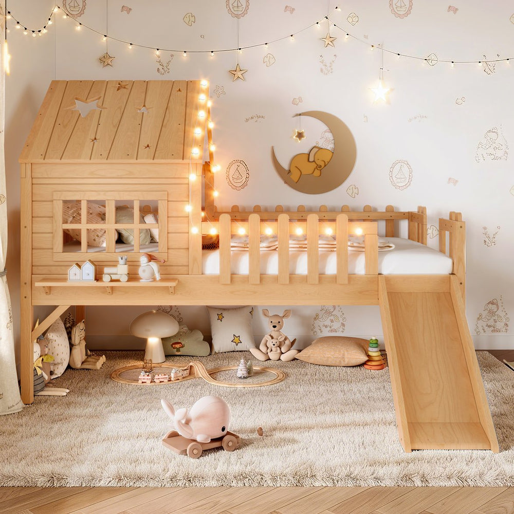 English Elm Twin Playhouse Loft Bed Solid Pine Frame with Slide Led Lights and Star Roof Natural W5316S00002