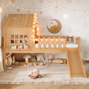 English Elm Twin Playhouse Loft Bed Solid Pine Frame with Slide Led Lights and Star Roof Natural W5316S00002