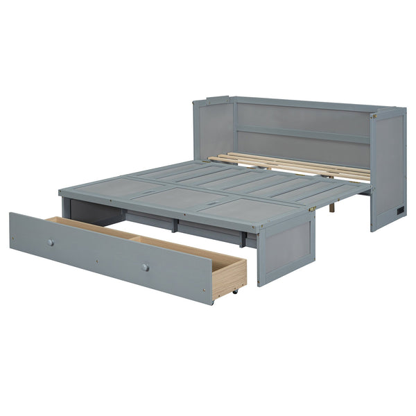 English Elm Queen Murphy Wall Bed with Pull Out Drawer and Built in Usb Charging Cabinet Gray N708P205905E