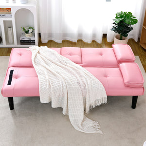 English Elm The 67-inch PVC multi-functional sofa bed with one-click fold, cup holders, sturdy wood frame for apartments Pink W3371P318142