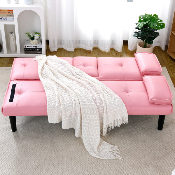 English Elm The 67-inch PVC multi-functional sofa bed with one-click fold, cup holders, sturdy wood frame for apartments Pink W3371P318142