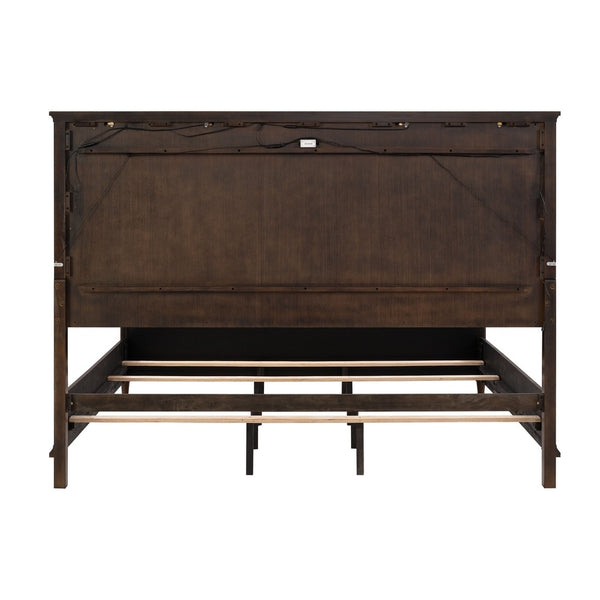 English Elm Transitional Eastern King Panel Bed Rubberwood Burl Veneer Gold Accent Feet B2741S00796