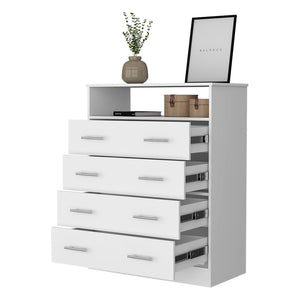 English Elm Lagos Four Drawer Dresser with Spacious Open Shelf and Superior Top, Light Grey Finish, Modern Storage Solution White 47 L x 22 W x 4 H B128S00098