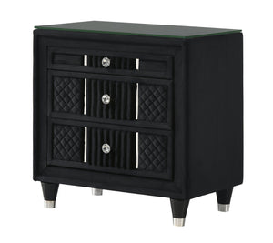 English Elm Contemporary Black Velvet Nightstand Quilted Drawers Crystal Knobs Glass Top Glam Bedroom B2741P457639