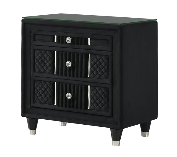 English Elm Contemporary Black Velvet Nightstand Quilted Drawers Crystal Knobs Glass Top Glam Bedroom B2741P457639