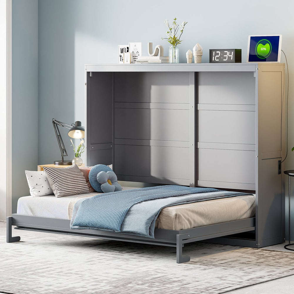 English Elm Queen Murphy Wall Bed Rattan Cabinet Front Folds Slim for Studio or Guest Room Gray N708S00012E-2