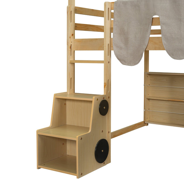 English Elm Full Size Kids House Loft Bed Pinewood Frame with Tent Slide and Play Storage Natural LT000683AAD