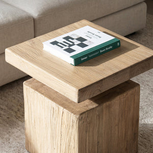 English Elm Calder Reclaimed Elm Block Plinth Side Table Sculptural Solid Wood Accent B2719P474461