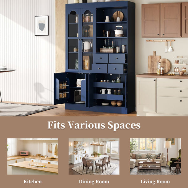 English Elm Topmax Shaker Buffet Hutch with Glass Doors Drawers and Pull-out Trays Blue SP000092AAC