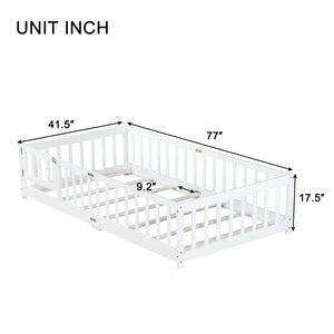 English Elm Twin Cozy Floor Bed With Protective Fence & Door, Eco-Friendly Rubberwood For Safe Sleep Spaces W504P286373-GIGA