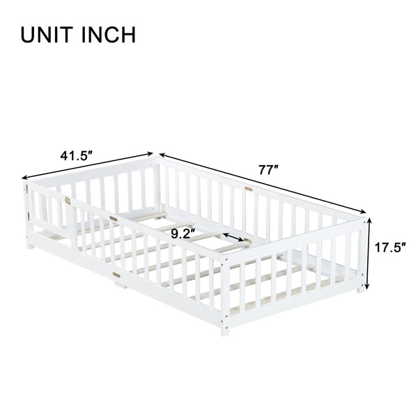 English Elm Twin Cozy Floor Bed With Protective Fence & Door, Eco-Friendly Rubberwood For Safe Sleep Spaces W504P286373-GIGA