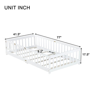 English Elm Twin Low Profile Rubberwood Floor Bed with Full Safety Fence for Toddler Rooms White W504P429270