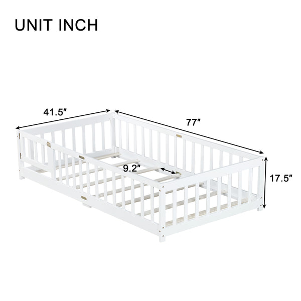 English Elm Twin Low Profile Rubberwood Floor Bed with Full Safety Fence for Toddler Rooms White W504P429270