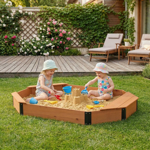 English Elm Octagon Solid Wood Sandbox with Built-in Bench Seating Cover and Liner for Backyard Play Reddish Brown W2640P470151