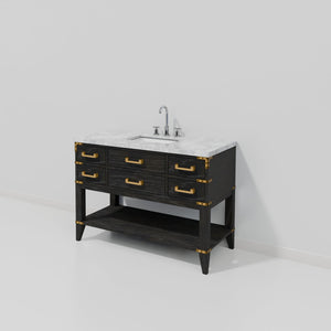 English Elm Black Oak Single Bath Vanity With Carrara Marble Top, Chrome Faucet & Ample Storage Space, 48" W B2731P261023