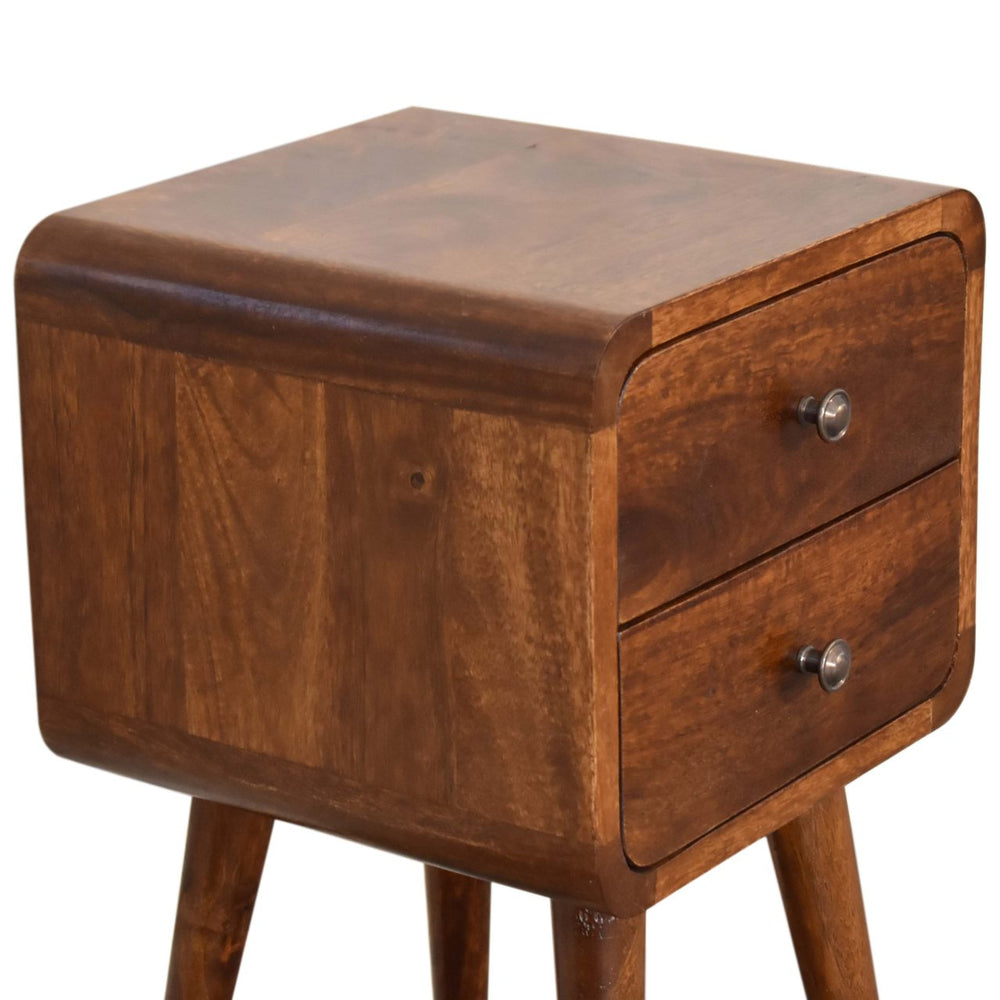 English Elm Soli Solid Mango Wood Mini Chestnut Nightstand with 2 Drawers, Curved Beige-Brown Design, Nordic Legs B182P213806