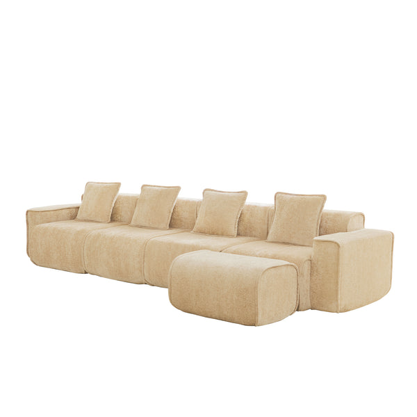 English Elm Streamlined Modular L-shaped Sectional Velvet Sofa with Ottoman and Tailored Piping Detail Light Camel W3041S00355