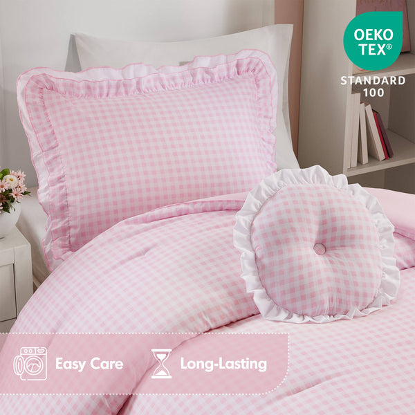 English Elm 3-piece Cottage Gingham Comforter Set with Ruffle Trim and Round Throw Pillow Pink B035P463187