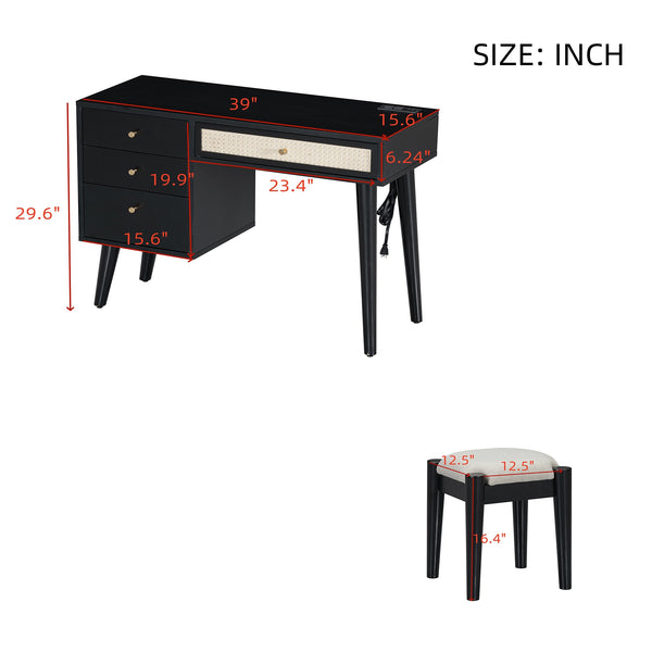 English Elm 39" Retro Bohemian Makeup Vanity Set with Rattan Drawers, USB Charging Port, Cushioned Stool, 4-Drawer Storage Black 44.1 L x 18.75 W x 10.5 H N733P180011B