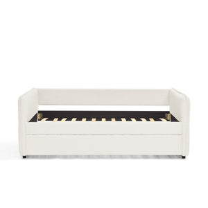 English Elm Daybed With Trundle - Elegant Tufted Sofa Bed In Soft Beige Boucle For Stylish Small Spaces & Guests W1413S00092