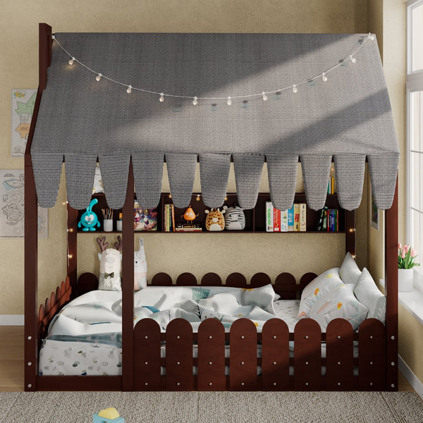 English Elm {slats Are Not Included} Twin Montessori House Floor Bed Kids Tent Lights Shelves Pinewood Frame Espresso N708P407963P