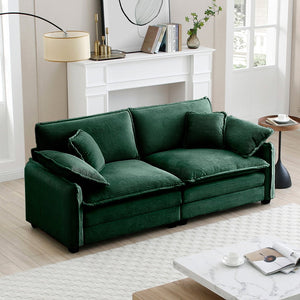 English Elm Warm Retro-Inspired 2-Seater Sofa In Green Corduroy With 4 Pillows For Cozy Living Spaces W714S00728-GIGA