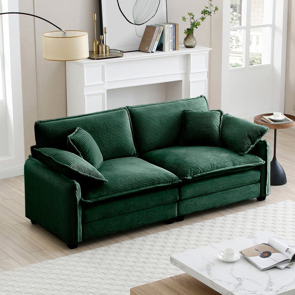 English Elm Warm Retro-Inspired 2-Seater Sofa In Green Corduroy With 4 Pillows For Cozy Living Spaces W714S00728-GIGA