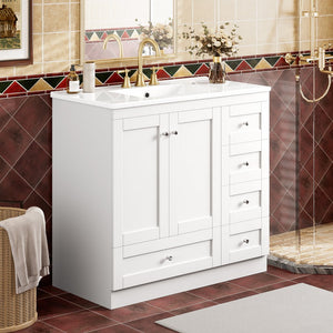 English Elm 36 36" Modern Shaker Bathroom Vanity with Ceramic Sink, Soft-Close Drawers & Doors, Durable Handles White N729P288872K