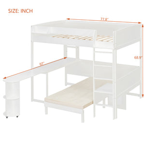 English Elm Full Size Loft Bed with Rotating Desk Led Lighting Sofa and Bookshelf Storage White LT000200AAK