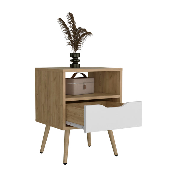 English Elm Wenden 21" High Nightstand with Drawer & Open Shelf, Two-Tone Natural Oak & White, Compact Chic B200P335299