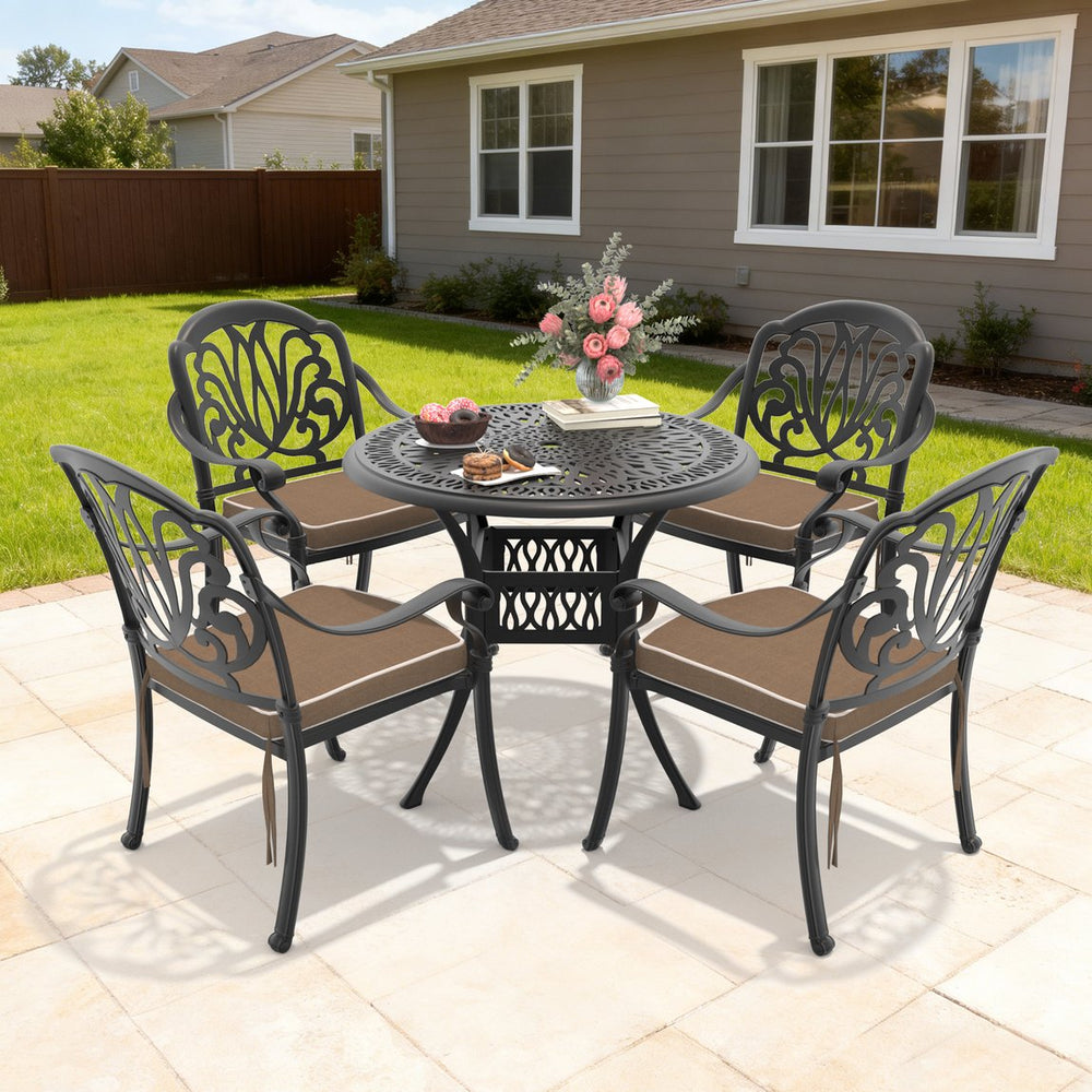 English Elm 5-piece Cast Aluminum Outdoor Dining Set with Floral Carved Chairs and Weather Resistant Cushions W1710S00544